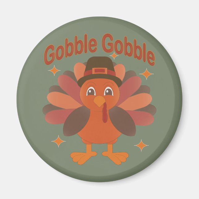 Cute Thanksgiving Turkey Cartoon – “Gobble Gobble” Magnet (Front)
