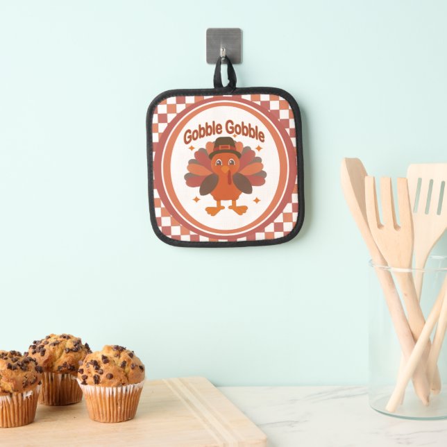 Cute Thanksgiving Turkey Cartoon – “Gobble Gobble” Pot Holder (Insitu(Hanging))