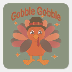 Cute Thanksgiving Turkey Cartoon – “Gobble Gobble” Square Sticker