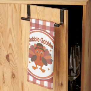 Cute Thanksgiving Turkey Cartoon – “Gobble Gobble” Tea Towel