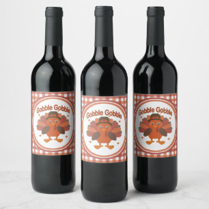 Cute Thanksgiving Turkey Cartoon – “Gobble Gobble” Wine Label