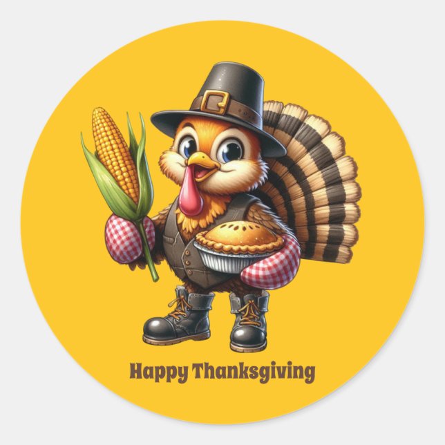 Cute Thanksgiving turkey customisable Classic Round Sticker (Front)