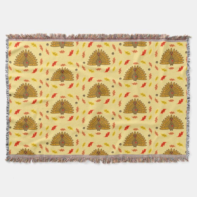 Cute Thanksgiving Turkey Fall Leaves Pattern Throw Blanket (Front)