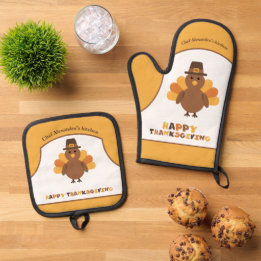 Cute Thanksgiving Turkey Holiday Cooking Gift Oven Mitt & Pot Holder Set
