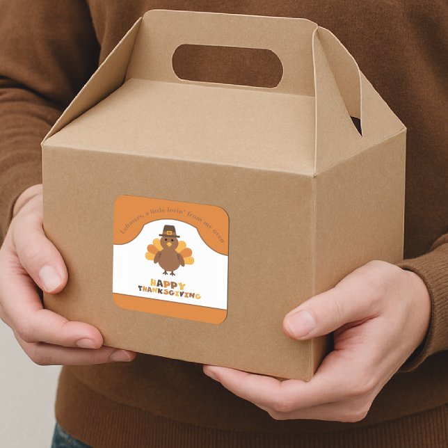 Cute Thanksgiving Turkey Orange Leftovers Take Out Square Sticker (Creator Uploaded)