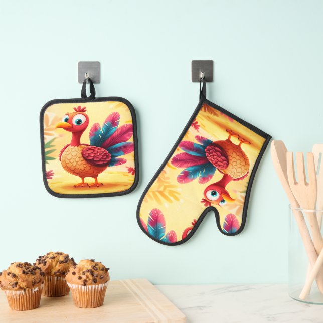 Cute Thanksgiving Turkey Oven Mitt & Pot Holder Set (Insitu(Hanging))