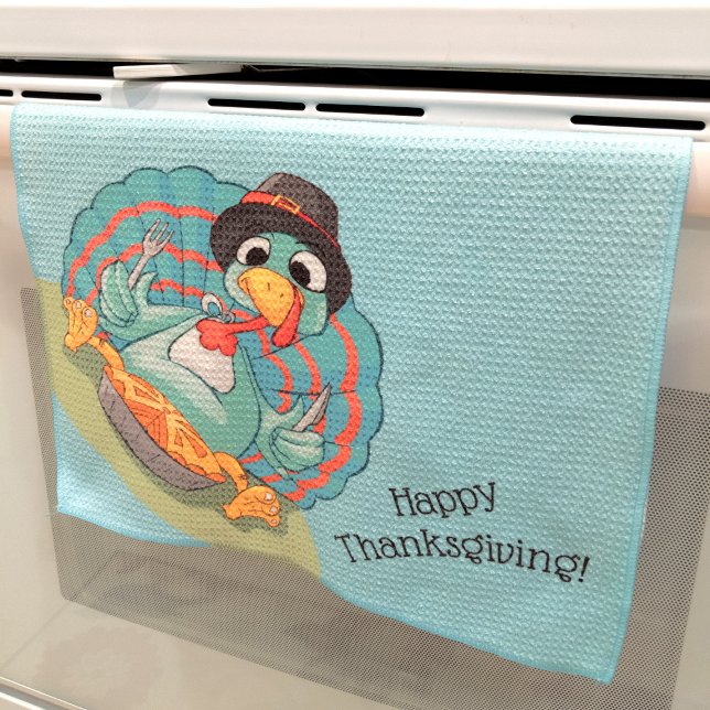 Cute Thanksgiving Turkey Pilgrim Pumpkin Pie Aqua Tea Towel (Creator Uploaded)