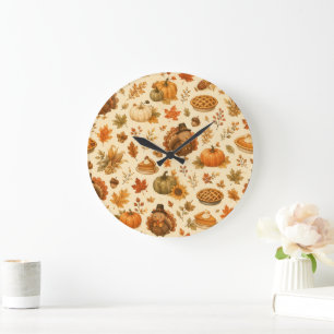 Cute Thanksgiving Watercolor Pattern with Turkeys Large Clock