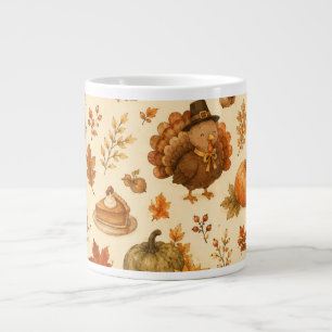 Cute Thanksgiving Watercolor Pattern with Turkeys Large Coffee Mug
