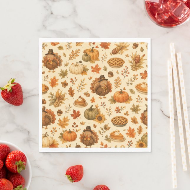 Cute Thanksgiving Watercolor Pattern with Turkeys Napkin (Insitu)