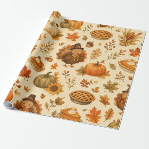 Cute Thanksgiving Watercolor Pattern with Turkeys Wrapping Paper