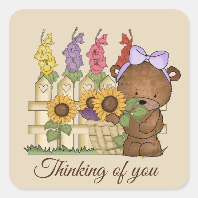 Cute Thinking of you bear add message Square Sticker (Front)