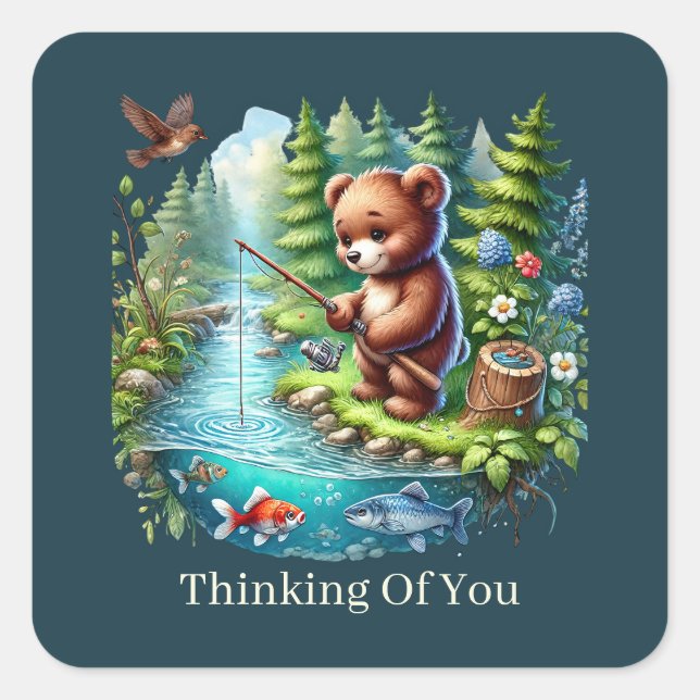 cute thinking of you customisable bear square sticker (Front)