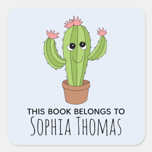 Cute 'This Book Belongs' Cactus Kids Bookplate Square Sticker (Front)
