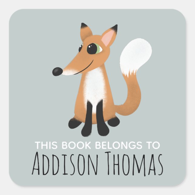 Cute 'This Book Belongs' Fox Kids Bookplate Square Sticker (Front)