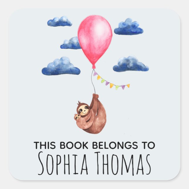 Cute 'This Book Belongs' Sloth Name Kids Bookplate Square Sticker (Front)
