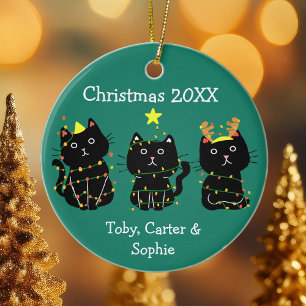 Cute Three Cat Christmas Lights Custom Names Green Ceramic Tree Decoration