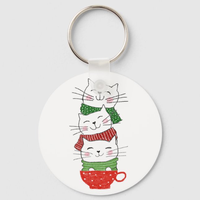 Cute Three Cats Stacked Cup Holiday Scarves Funny Key Ring (Front)