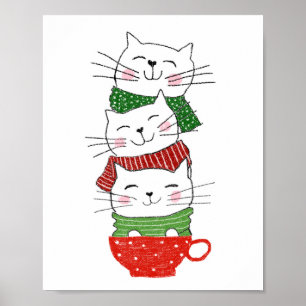 Cute Three Cats Stacked Cup Holiday Scarves Funny Poster