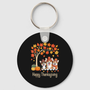 Cute Three Corgi Dogs Pumpkins Fall Tree Happy Tha Key Ring