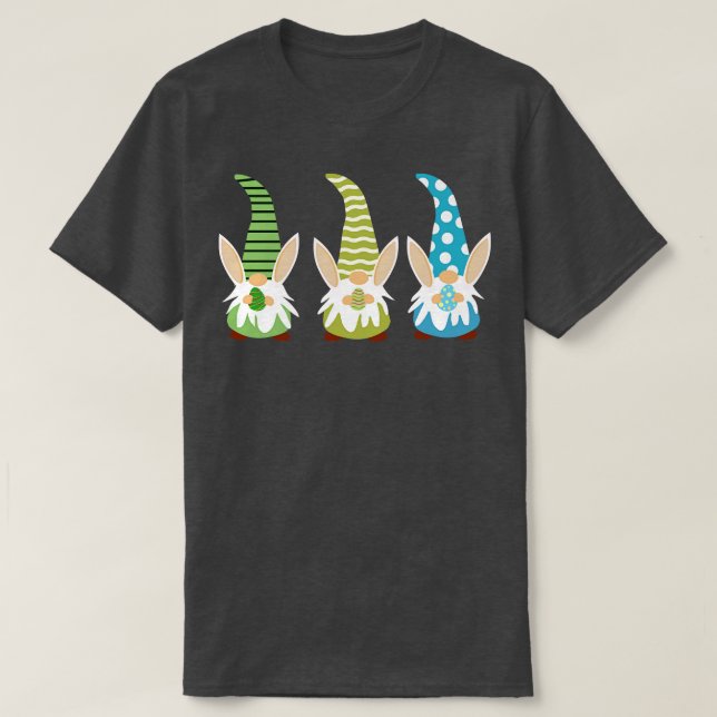 Cute Three easter gnomes with bunny ears holding e T-Shirt (Design Front)