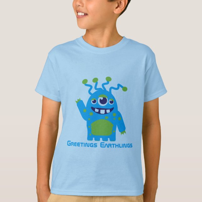 Cute three eyed alien blue and green kids t-shirt (Front)