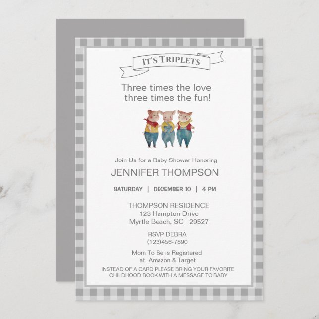 Cute Three Little Pigs Theme Blue Baby Shower   Invitation (Front/Back)