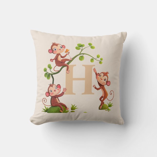 Cute Three Monkeys and Golden Monogram on Beige Cushion (Front)
