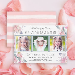 Cute Three-Photo Pre-School Graduation for Girl Invitation