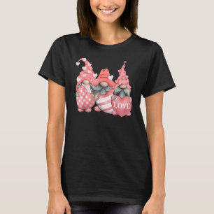 Cute Three Pink Gnomes Holding Hearts Funny Valent T-Shirt
