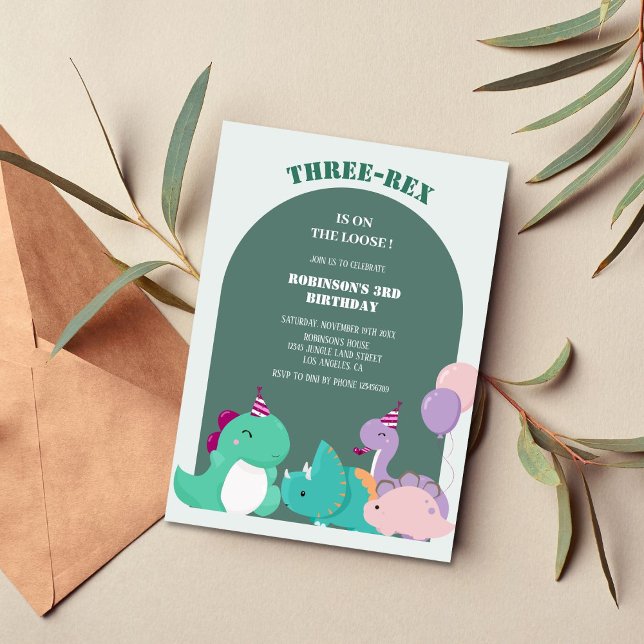Cute three-rex 3rd dinosaur birthday  invitation (Creator Uploaded)
