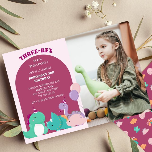 Cute three-rex 3rd dinosaur birthday Photo Invitation (Creator Uploaded)