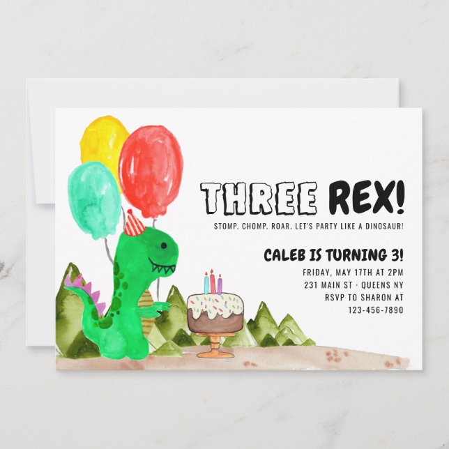 Cute THREE Rex Balloon Cake Dinosaur 3rd Birthday Invitation (Front)