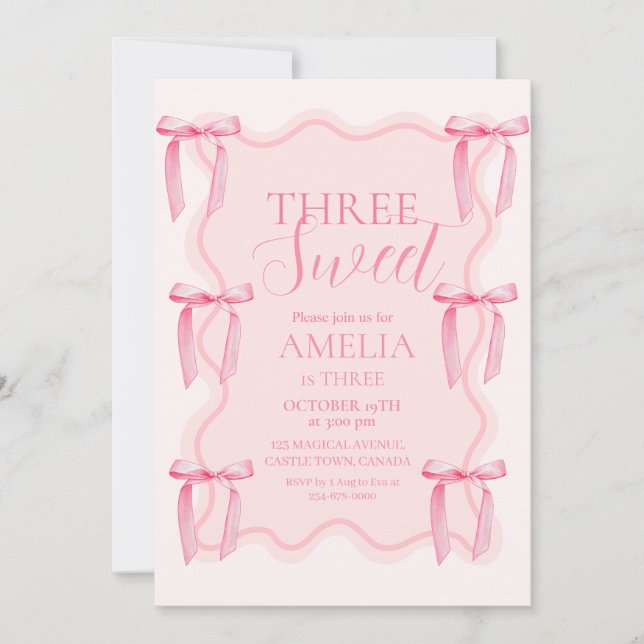 Cute Three Sweet Pink Bow 3rd Birthday Party  Invitation (Front)