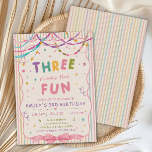 Cute Three Times The Fun 3rd Birthday Party Invitation