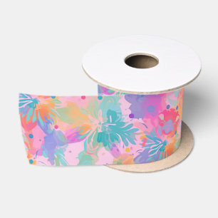 Cute Tie-Dye Stamp Pink Rainbow Flower Pattern Satin Ribbon