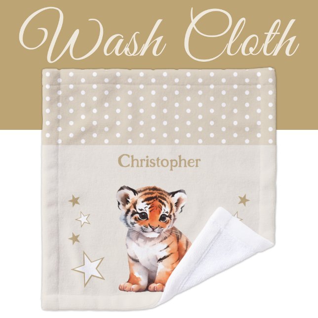 Cute tiger add name polka dots stars brown wash cloth (Creator Uploaded)