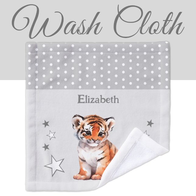 Cute tiger add name polka dots stars grey wash cloth (Creator Uploaded)