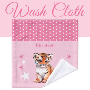 Cute tiger add name polka dots stars pink wash cloth