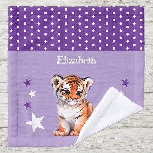 Cute tiger add name polka dots stars purple wash cloth