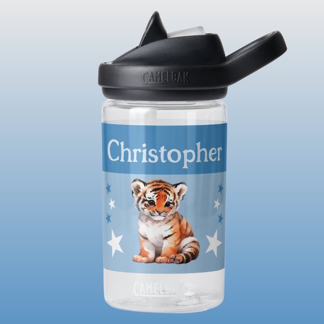 Cute tiger add name with stars kids blue water bottle (Creator Uploaded)