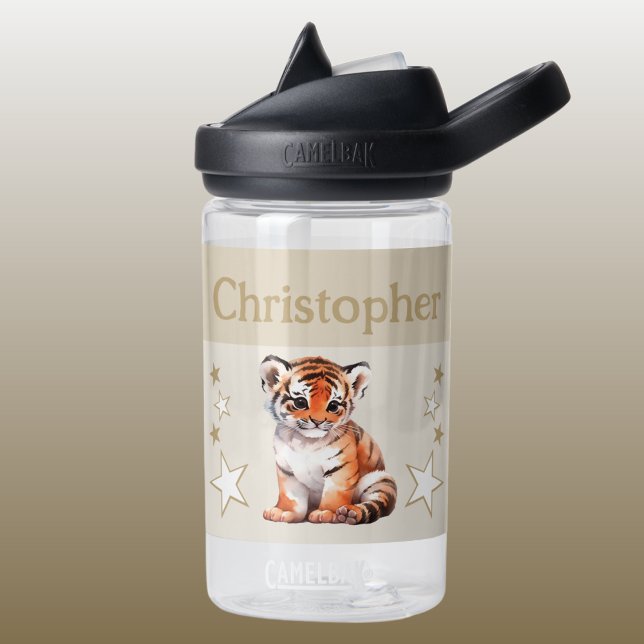 Cute tiger add name with stars kids brown water bottle (Creator Uploaded)