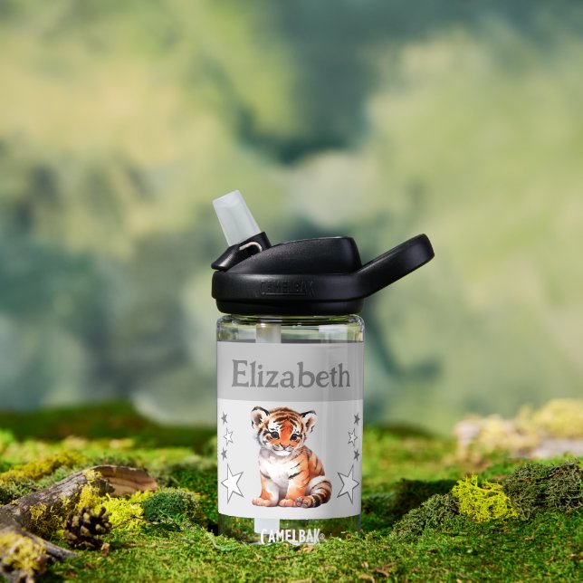 Cute tiger add name with stars kids grey water bottle (Outdoor)
