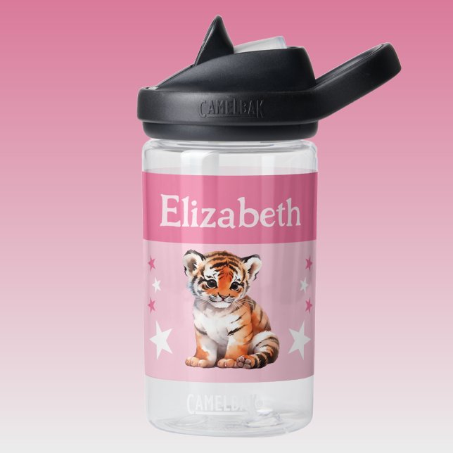 Cute tiger add name with stars kids pink water bottle (Creator Uploaded)