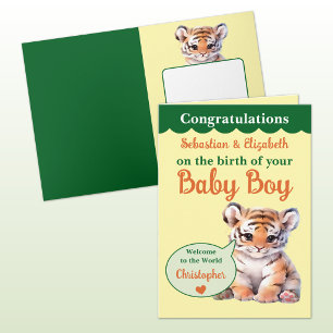 Cute tiger add names orange green baby boy card