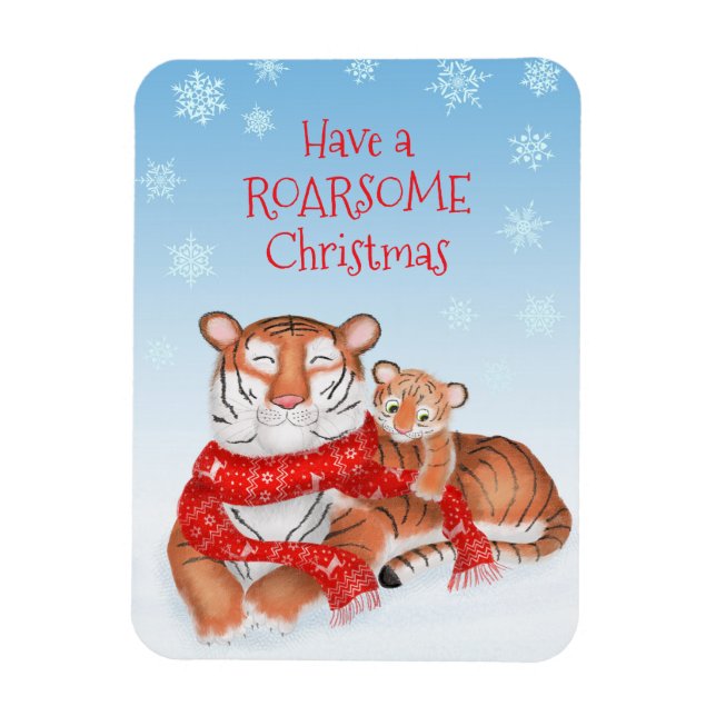 Cute tiger and cub 'Roarsome Christmas' magnet (Vertical)