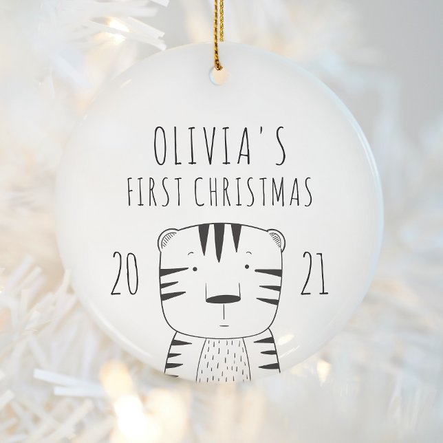 Cute Tiger Babys First Christmas Black White Ceramic Tree Decoration (Creator Uploaded)