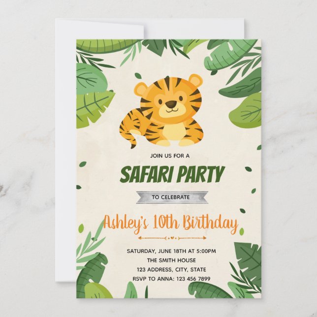 Cute tiger birthday party invitation (Front)
