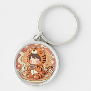 Cute Tiger Coffee Book Art Key Ring