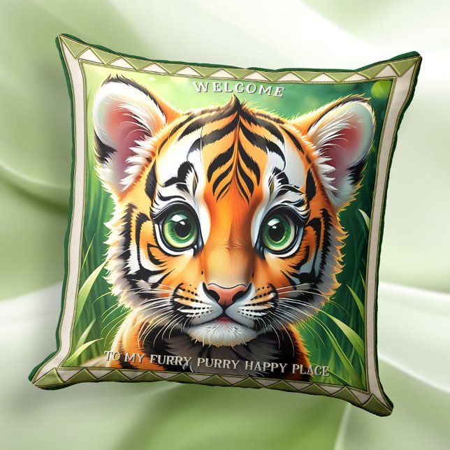 Cute Tiger Cub Cat Lovers Animal Art Cushion (Pillow featuring a painting of a cute tiger cub. Lovely for a child's room.)